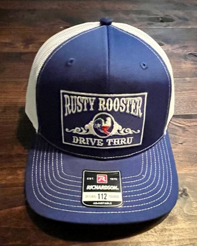 Blue and White Rusty Rooster Trucker Hat