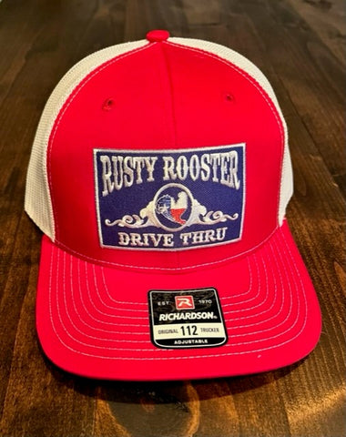 Red and White Rusty Rooster Trucker Hat